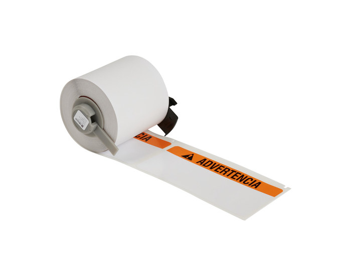 Imágen de Brady Negro/Naranja sobre blanco Resistente a la abrasión, Resistente a sustancias químicas, Resistente al aceite, Uso exterior Vinilo Transferencia térmica M6-38-595-ADV Rollo de etiquetas para impresora de transferencia térmica troquelado (Imagen principal del producto)
