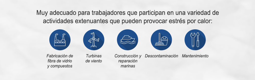 Muy adecuado para trabajadores que participan en una variedad de actividades extenuantes que pueden provocar estrés por calor: