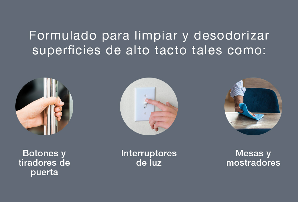 Formulado para limpiar y desodorizar superficies de alto tacto tales como: