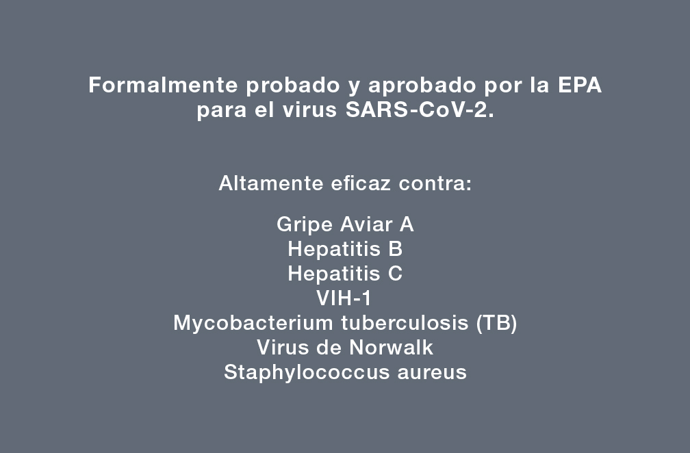 Formalmente probado y aprobado por la EPA para el virus SARS-CoV-2.