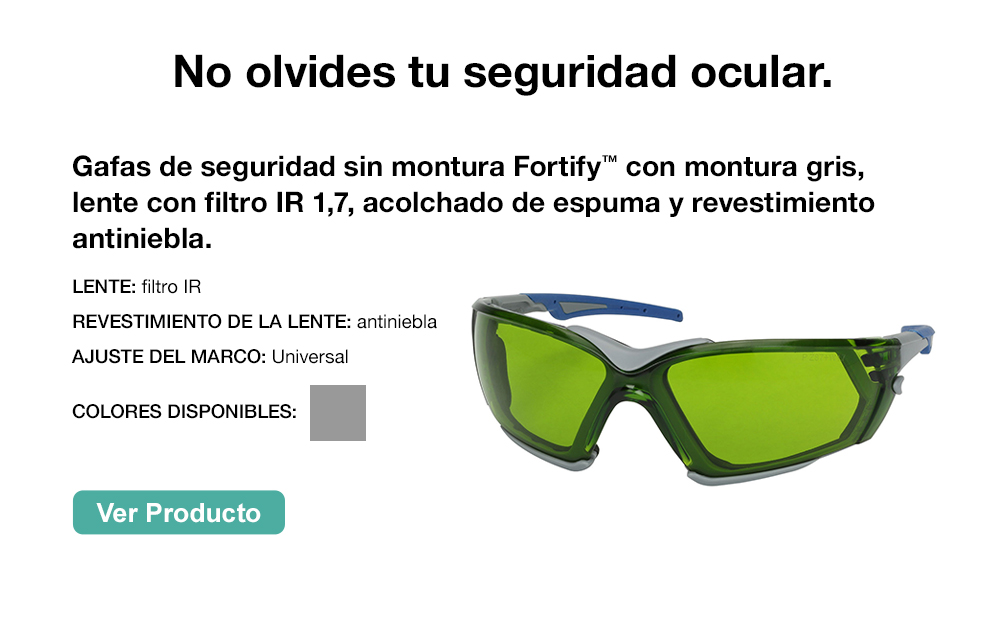 Gafas de seguridad sin montura Fortify™ con montura gris, lente con filtro IR 1,7, acolchado de espuma y revestimiento antiniebla.