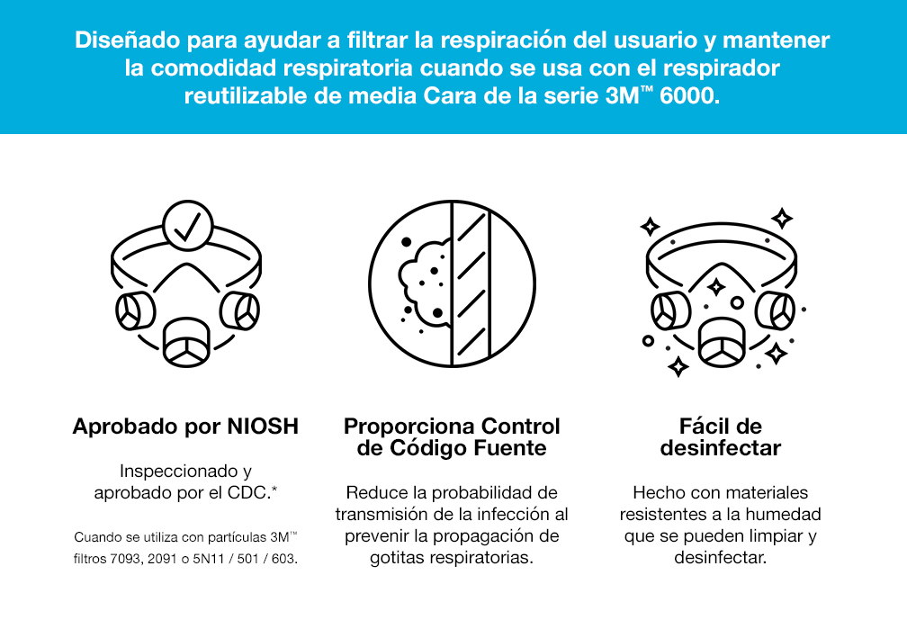 Diseñado para ayudar a filtrar la respiración del usuario y mantener la comodidad respiratoria cuando se usa con el respirador reutilizable de media Cara de la serie 3M™ 6000.