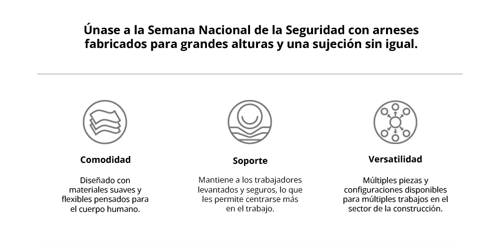 Únase a la Semana Nacional de la Seguridad con arneses fabricados para grandes alturas y una sujeción sin igual.